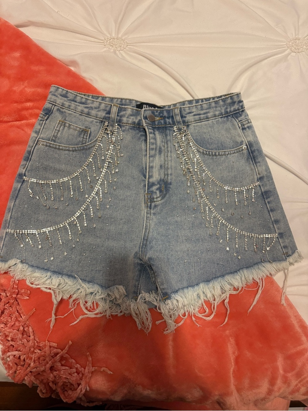 Rhinestone Fringe Light Blue Denim Shorts